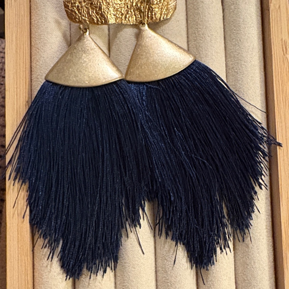 Navy Blue Tassel Drop Earrings Bohemian Gold Triangle Fringe 4”
